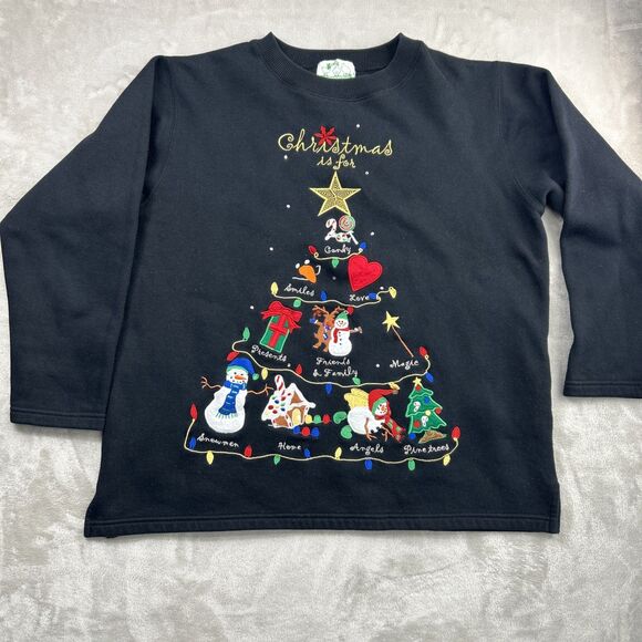 Quacker Factory Sweaters - Quaker Factory Sweatshirt Womens Large Black Snowman Christmas Tree Embroidery